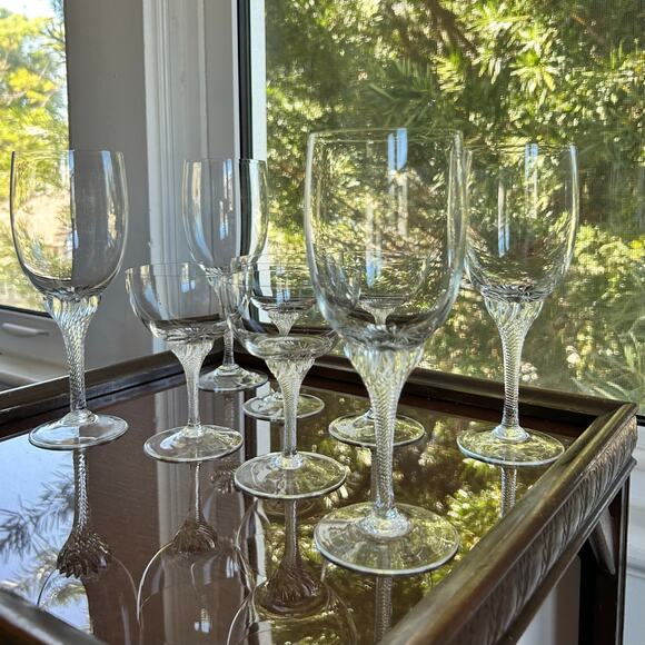 Vintage Twisted Stem Crystal American Cut Roberto Water & Coupe Glasses Set 8 - Picture 5 of 15